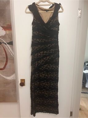 MARINA Black Lace formal cocktail wedding guest Maxi Dress with Nude Underlay